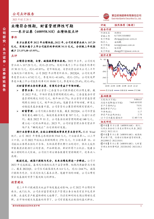 业绩快报点评：业绩符合预期，财富管理弹性可期
