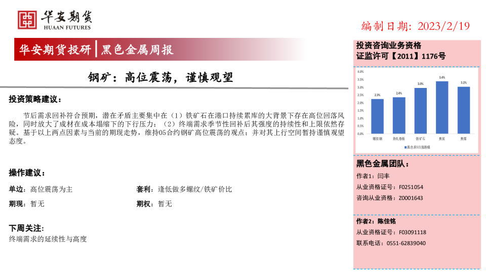 钢矿：高位震荡，谨慎观望