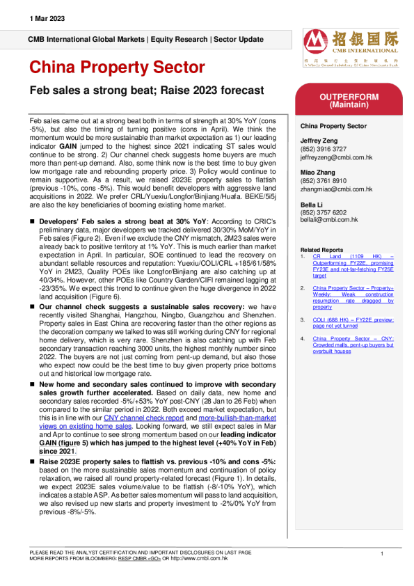 中国房地产行业 – 2月销售强劲;提高2023年预测