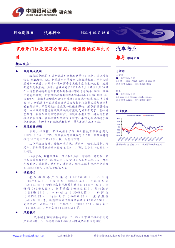 汽车行业周报：节后开门红表现符合预期，新能源批发率先回暖