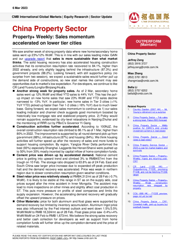 中国房地产行业 – 房地产+周报：低线城市销售势头加快