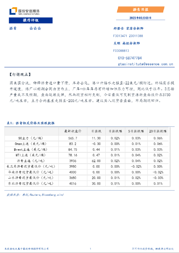 安信期货沥青日报