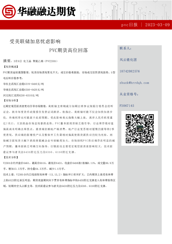 pvc日报：受美联储加息忧虑影响 PVC期货高位回落