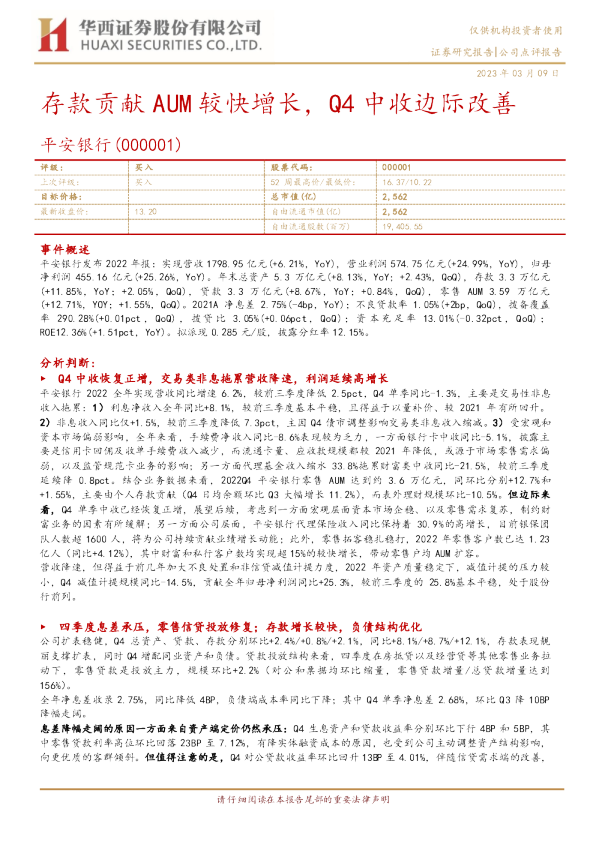 存款贡献AUM较快增长，Q4中收边际改善