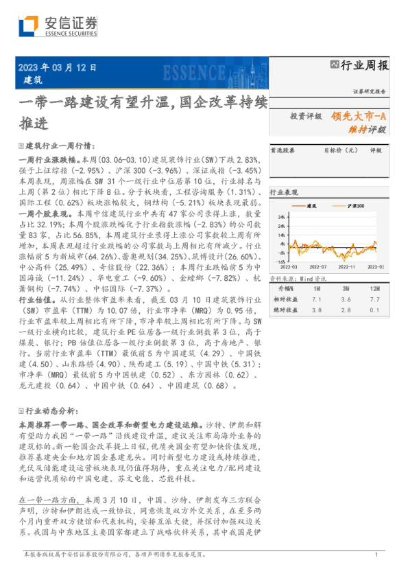 建筑行业周报：一带一路建设有望升温，国企改革持续推进