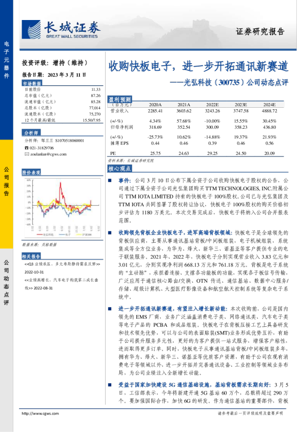 收购快板电子，进一步开拓通讯新赛道