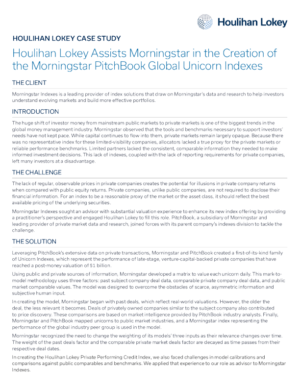 案例研究 ： Houlihan Lokey 协助晨星创建晨星 PitchBook 全球独角兽指数