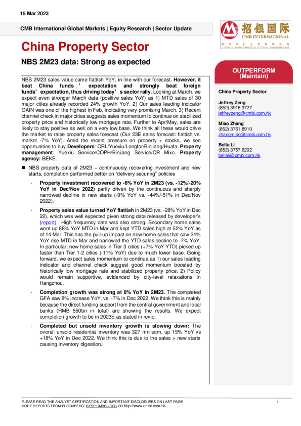 中国房地产行业 – NBS 2M23数据：强劲如预期