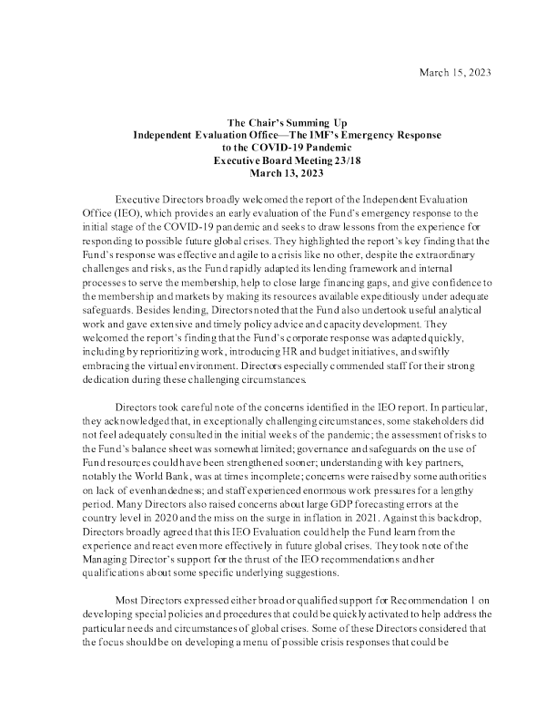 主席总结独立评估办公室——基金组织对COVID-19大流行的紧急应对