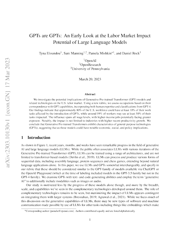 2023 GPT 是 GPT 对劳动力市场影响的早期观察