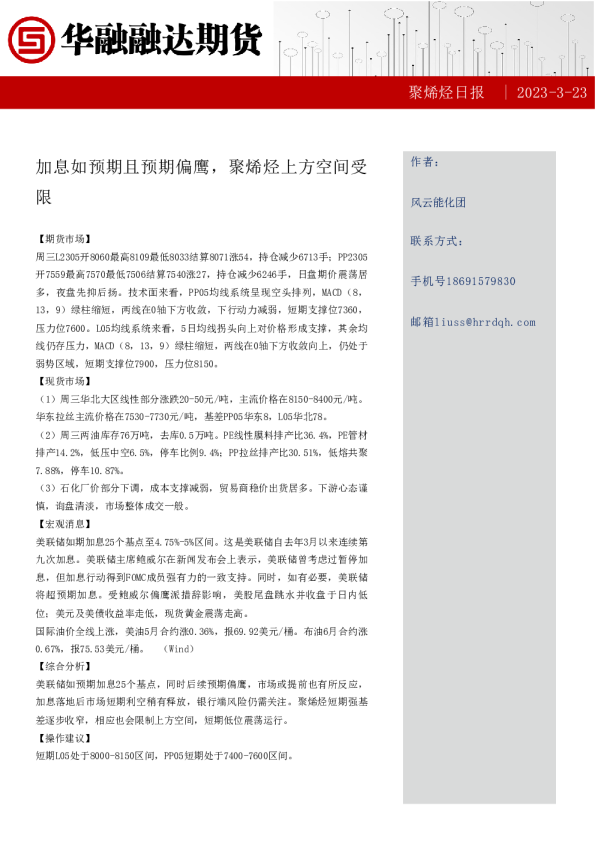 聚烯烃日报：加息如预期且预期偏鹰，聚烯烃上方空间受限