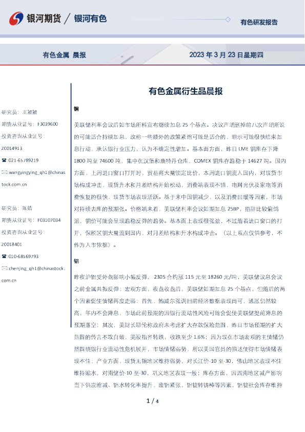 有色金属衍生品晨报