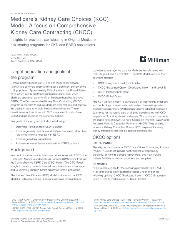 梅迪凯尔肾脏护理选择（KCC）模式：专注于全面肾脏护理承包（CKCC）