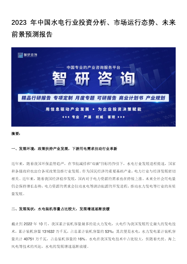2023年中国水电行业投资分析、市场运行态势、未来前景预测报告