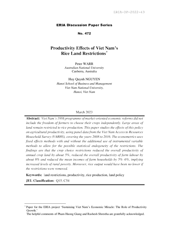 越南水稻土地限制对生产力的影响