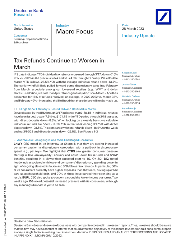 宏观聚焦：3月退税持续恶化