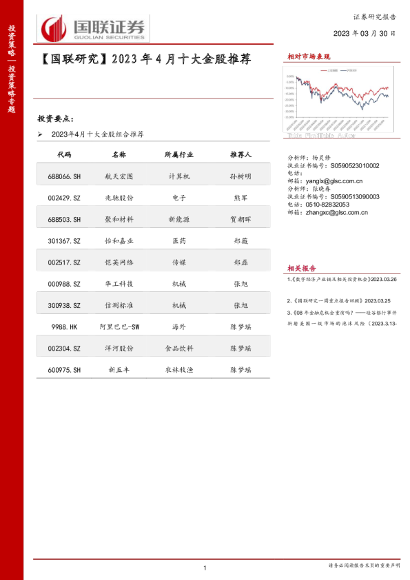 国联研究：2023年4月十大金股推荐