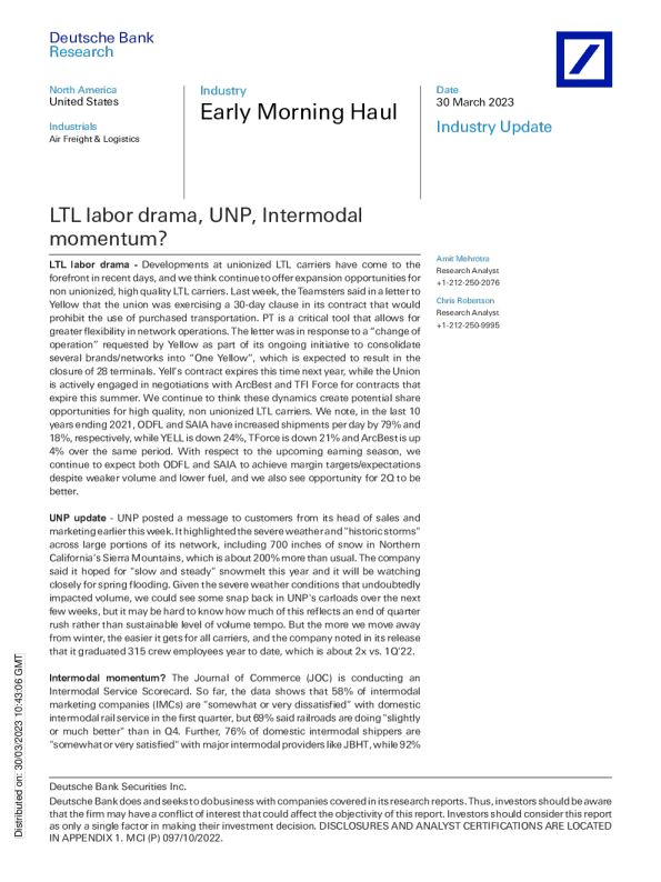 LTL劳动剧，UNP，多式联运势头？