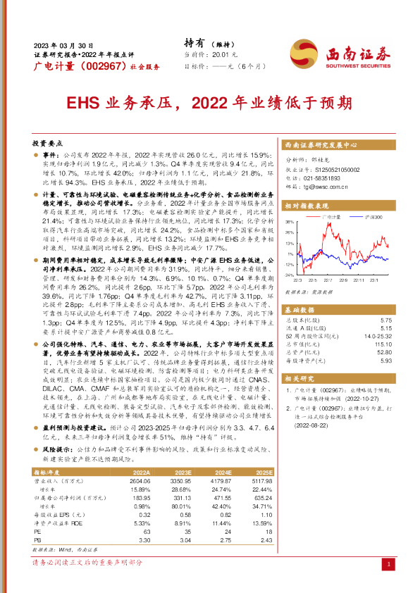EHS业务承压，2022年业绩低于预期