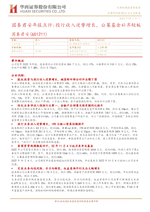 国泰君安年报点评：投行收入逆势增长，公募基金补齐短板