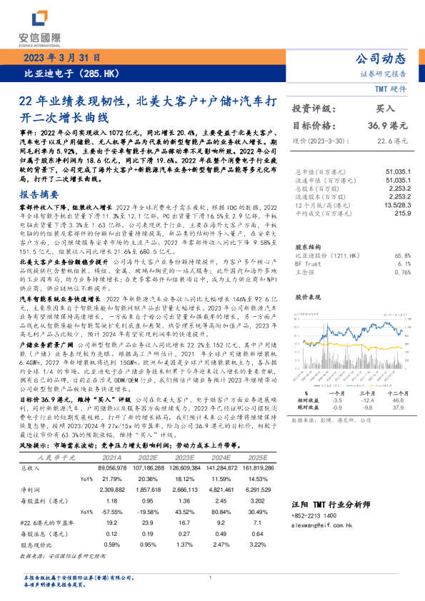 22年业绩表现韧性，北美大客户+户储+汽车打开二次增长曲线