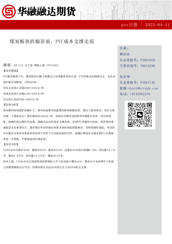 pvc日报：煤炭板块跌幅居前，PVC成本支撑走弱