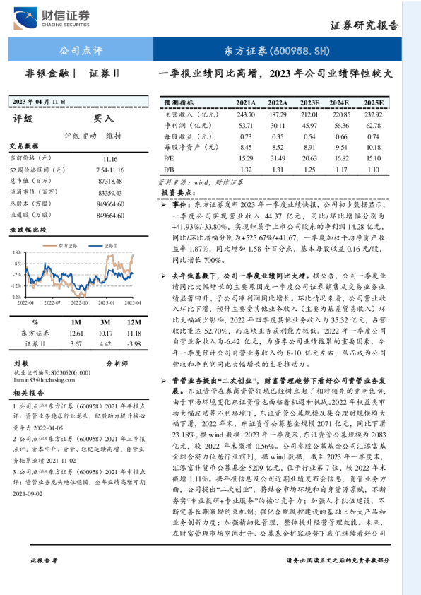 一季报业绩同比高增，2023年公司业绩弹性较大