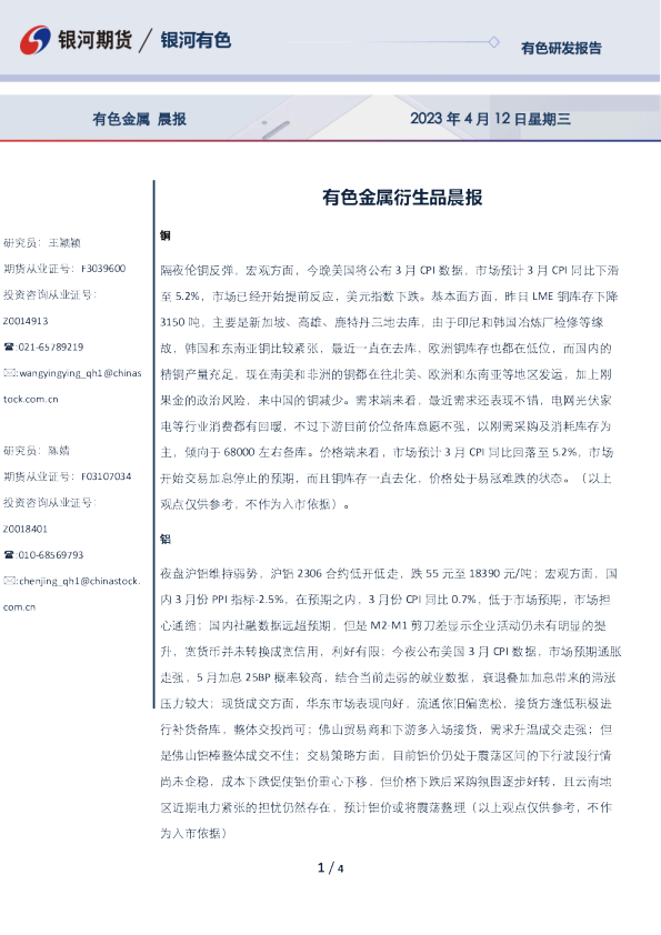 有色金属衍生品晨报