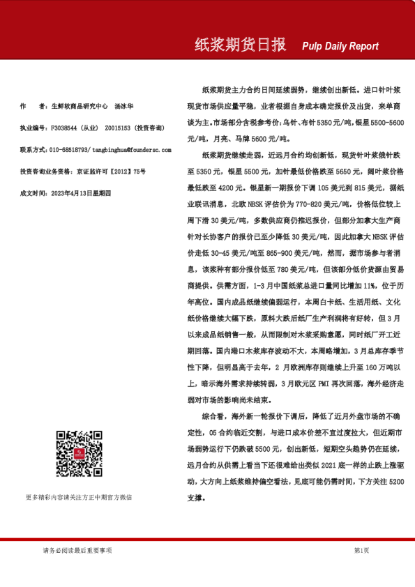 纸浆期货日报