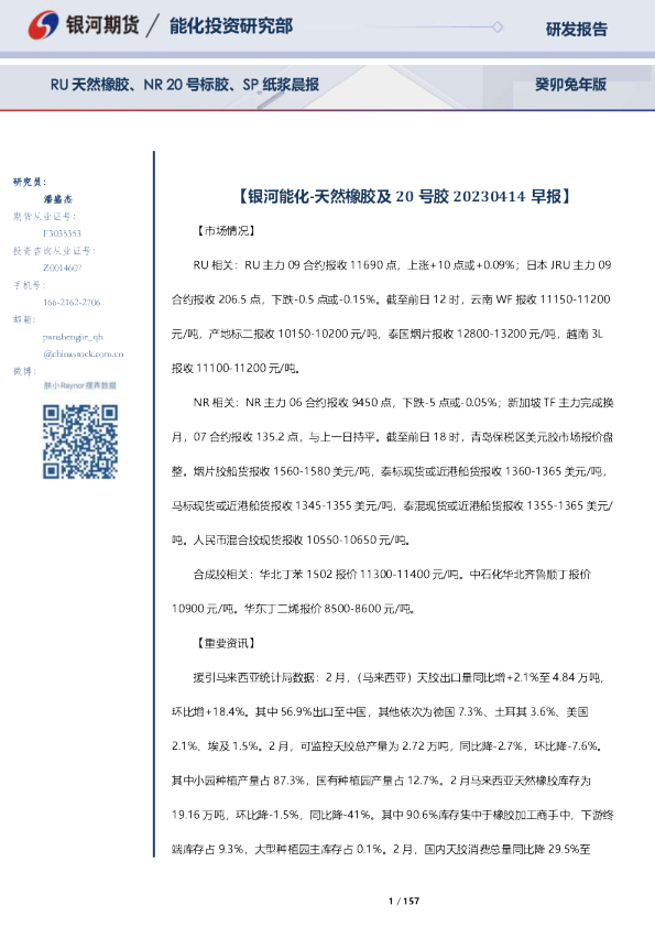 RU天然橡胶、NR20号标胶、SP纸浆晨报