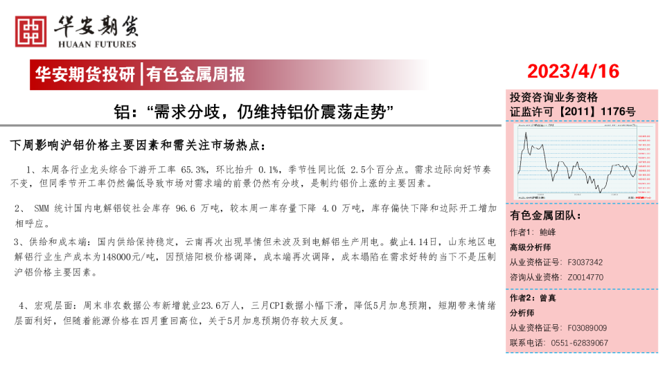铝：“需求分歧，仍维持铝价震荡走势”