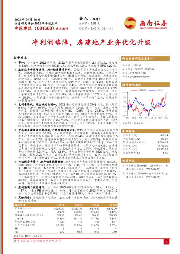 净利润略降，房建地产业务优化升级