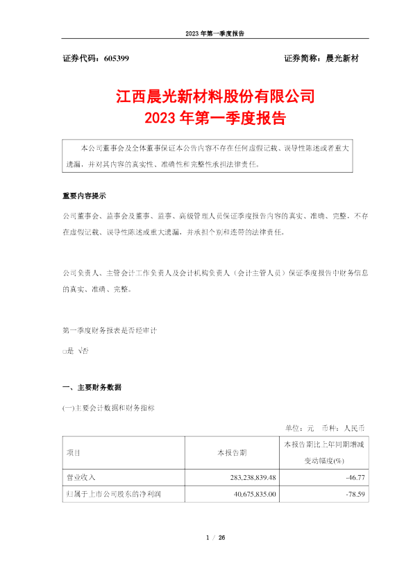 晨光新材：晨光新材2023年第一季度报告