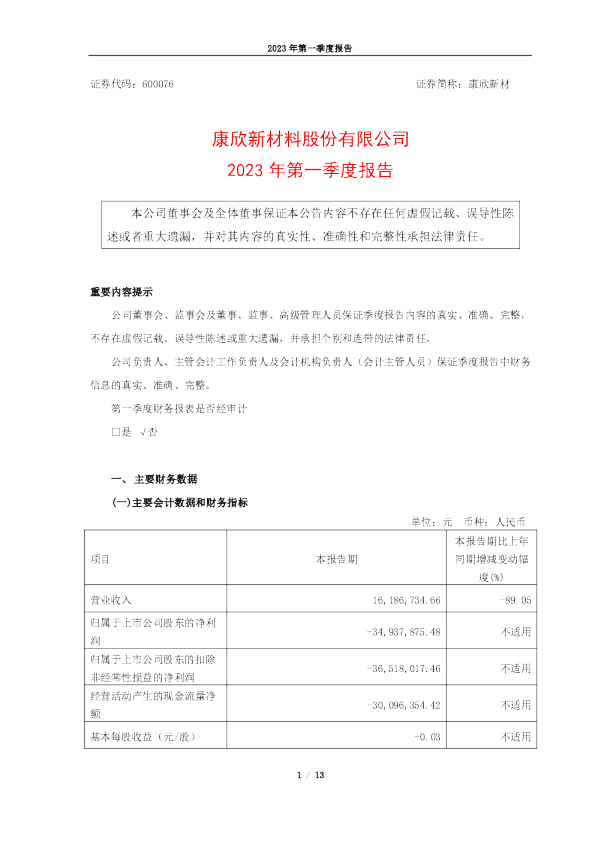 康欣新材：康欣新材2023年第一季度报告