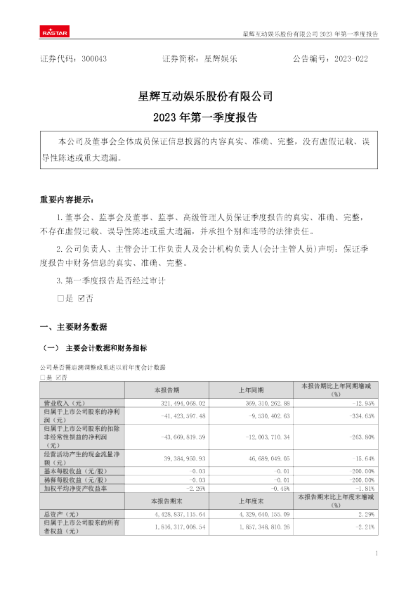 星辉娱乐：2023年一季度报告