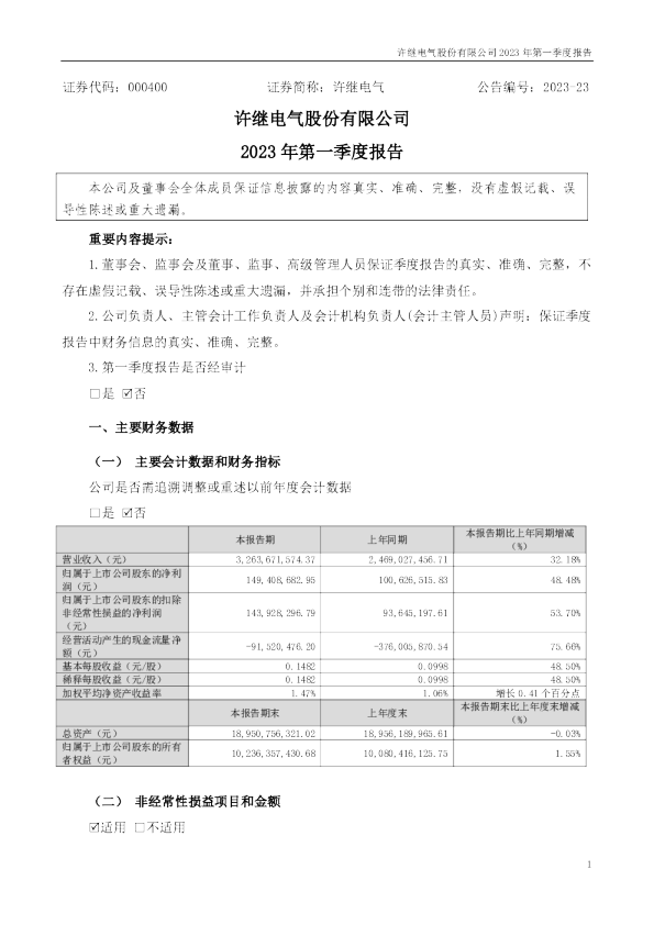 许继电气：2023年一季度报告