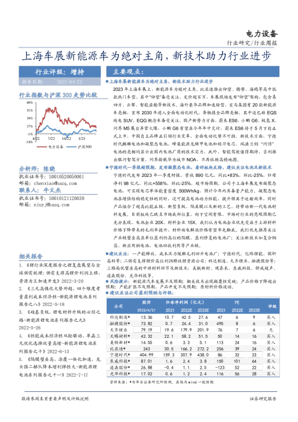 电力设备行业周报：上海车展新能源车为绝对主角，新技术助力行业进步