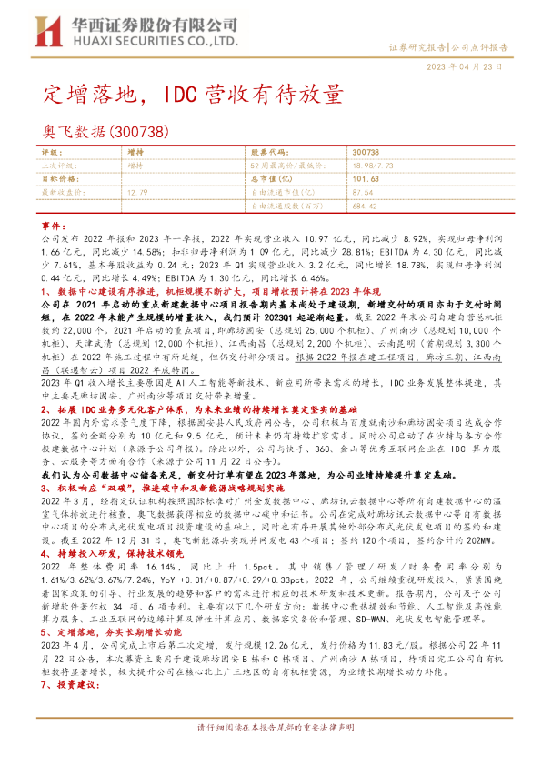 定增落地，IDC营收有待放量