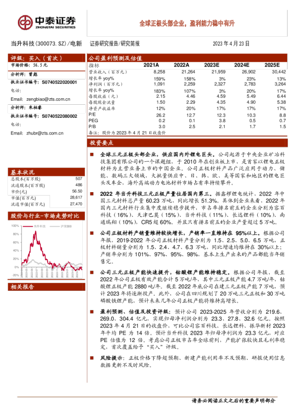全球正极头部企业，盈利能力稳中有升