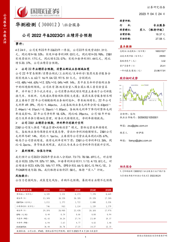 公司2022年、2023Q1业绩符合预期