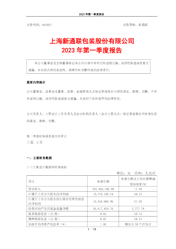 新通联：新通联2023年第一季度报告