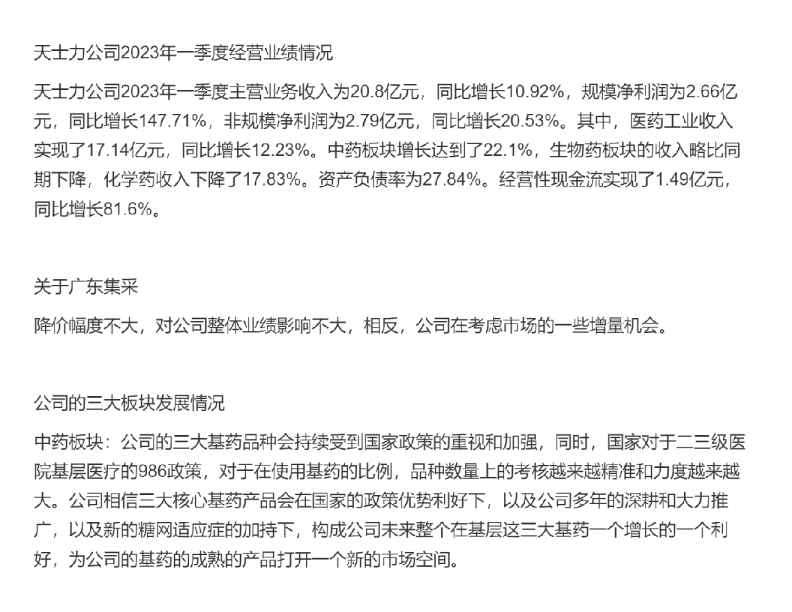 天士力(600535)公司2023年一季度经营业绩情况-调研纪要