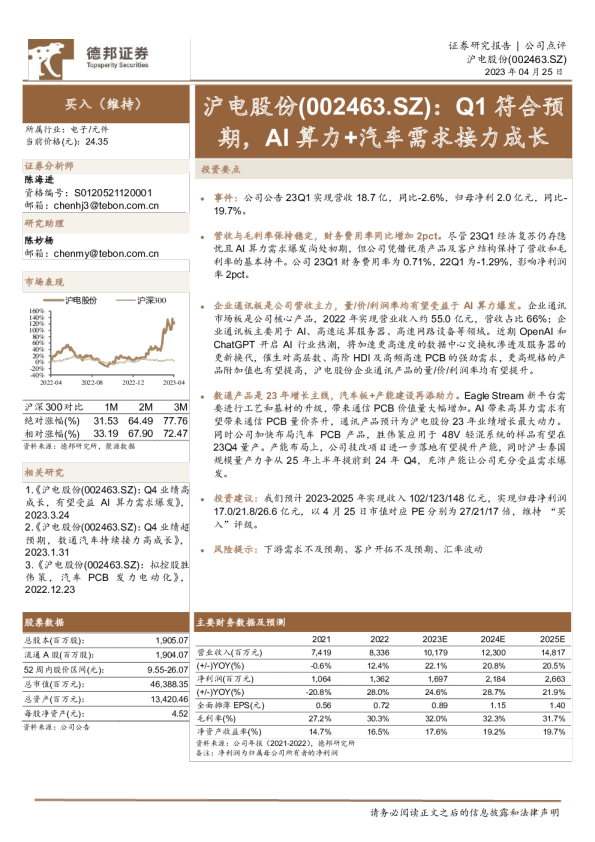 Q1符合预期，AI算力+汽车需求接力成长