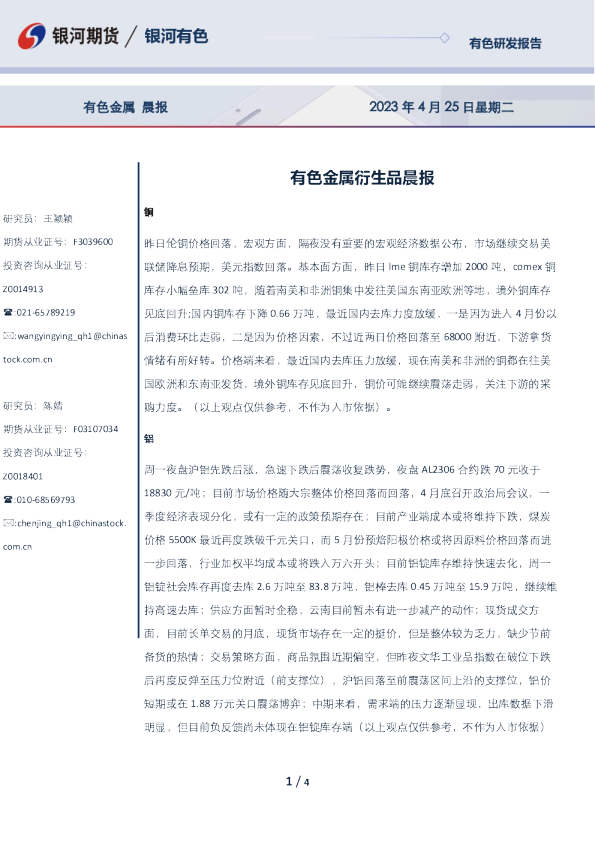 有色金属衍生品晨报