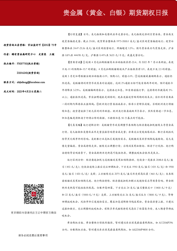 贵金属（黄金、白银）期货期权日报