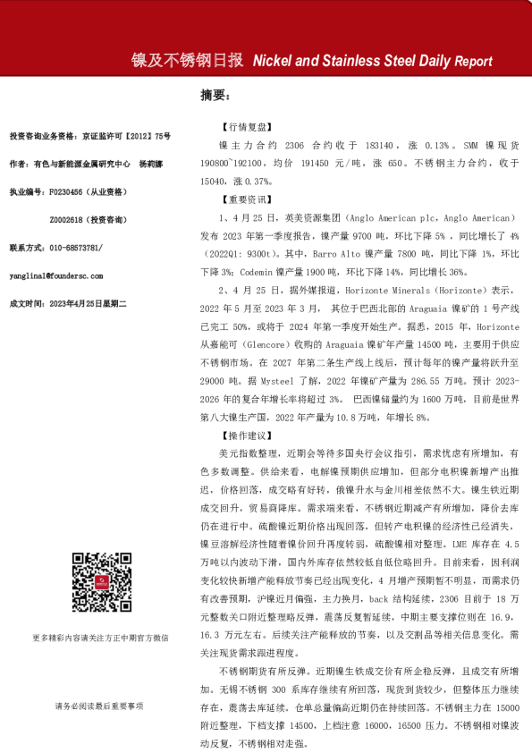 镍及不锈钢日报