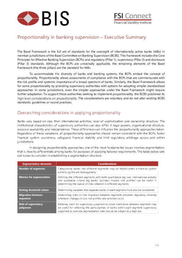银行监管中的比例 - 执行摘要