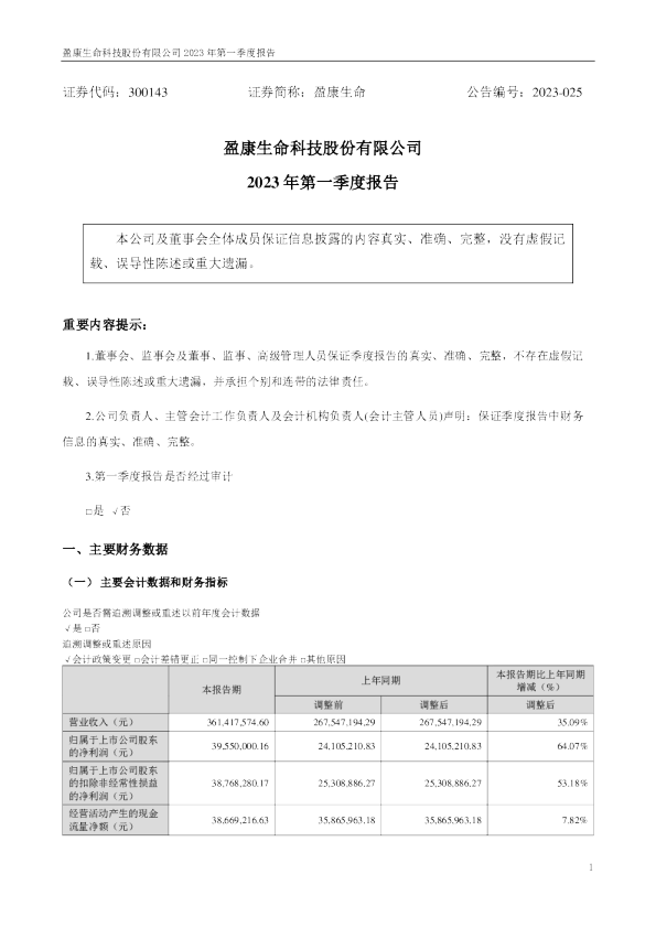 盈康生命：2023年一季度报告