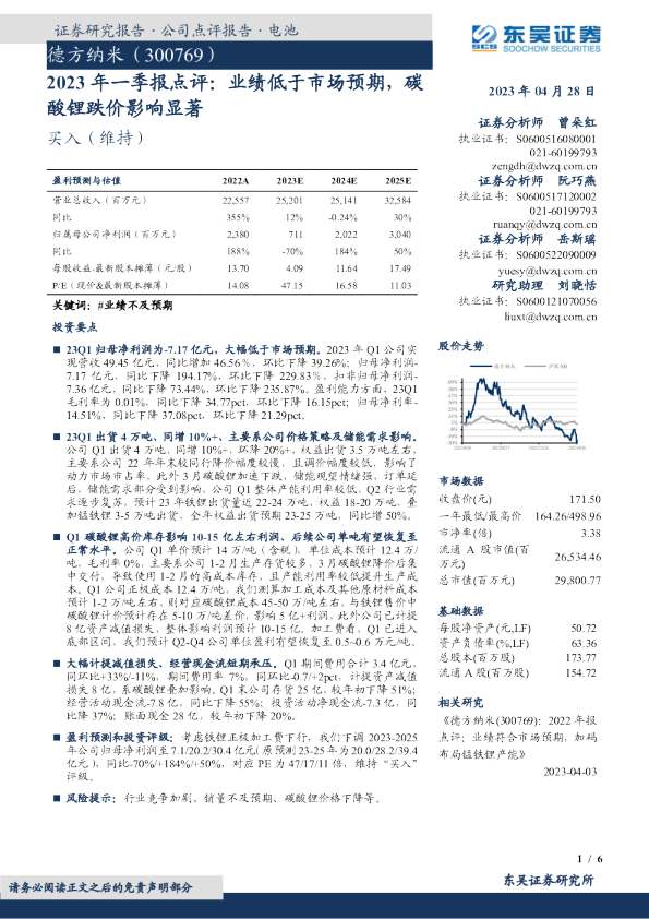 2023年一季报点评：业绩低于市场预期，碳酸锂跌价影响显著