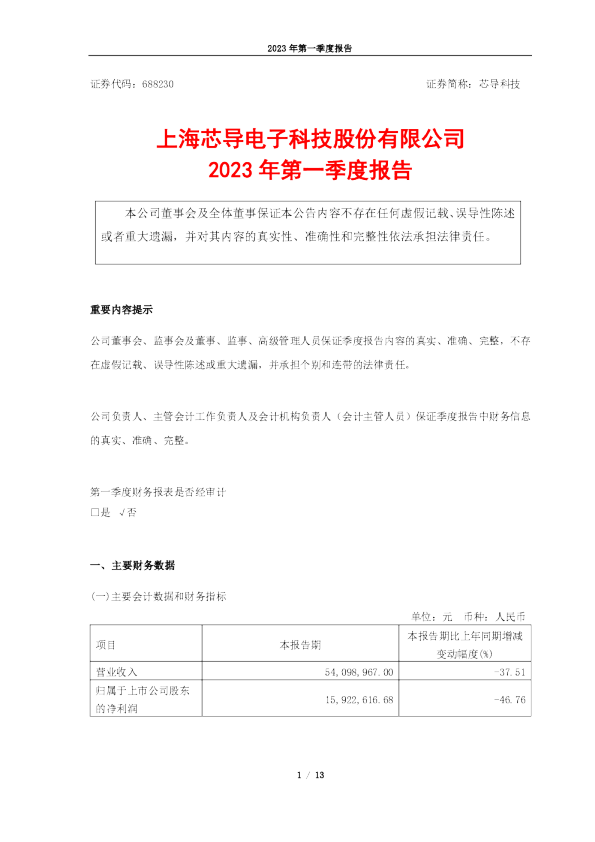 芯导科技：2023年第一季度报告